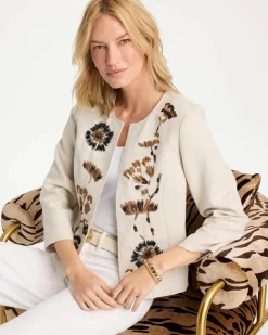 Linen Collarless Embroidered Jacket