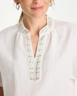 Linen Embellished Popover Top