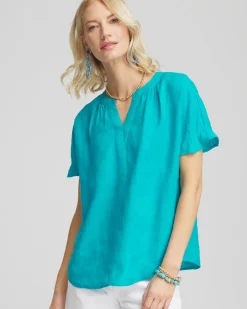 Linen Flutter-Sleeve Popover Top