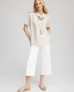 Linen Flutter-Sleeve Popover Top