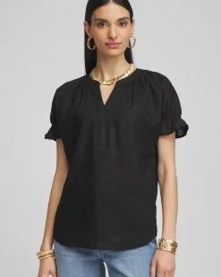 Linen Flutter-Sleeve Popover Top