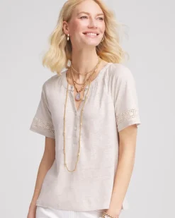 Linen Lace-Cutwork Sleeve Henley Tee