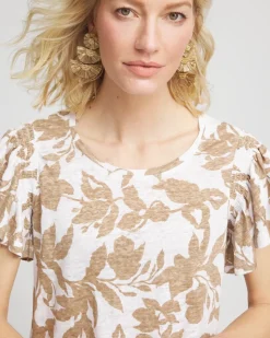 Linen Leaf Print Flutter Sleeve Tee