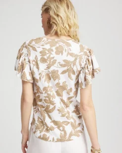 Linen Leaf Print Flutter Sleeve Tee