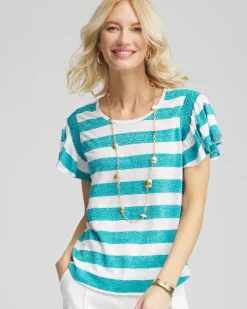 Linen Metallic Striped Flutter-Sleeve Tee