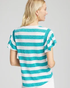 Linen Metallic Striped Flutter-Sleeve Tee