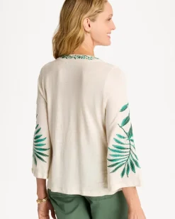 Linen Palm Embroidered Pleated Tee