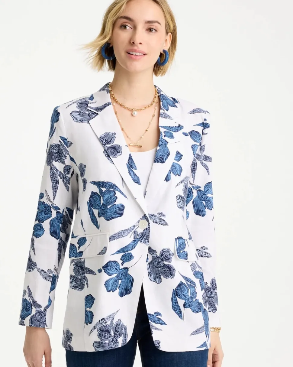 Linen Printed Piped Boyfriend Blazer