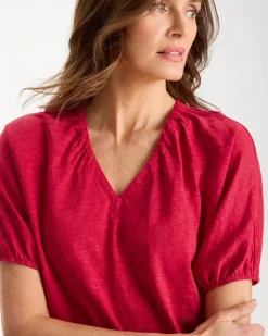 Linen Ruched V-Neck Tee