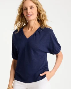 Linen Ruched V-Neck Tee