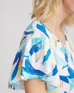 Linen Smocked Flutter-Sleeved Tee
