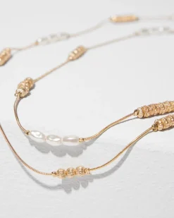 Long Faux-Pearl and Goldtone Double-Strand Necklace