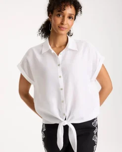 No Iron™ Linen Tie-Front Cap Sleeve Shirt