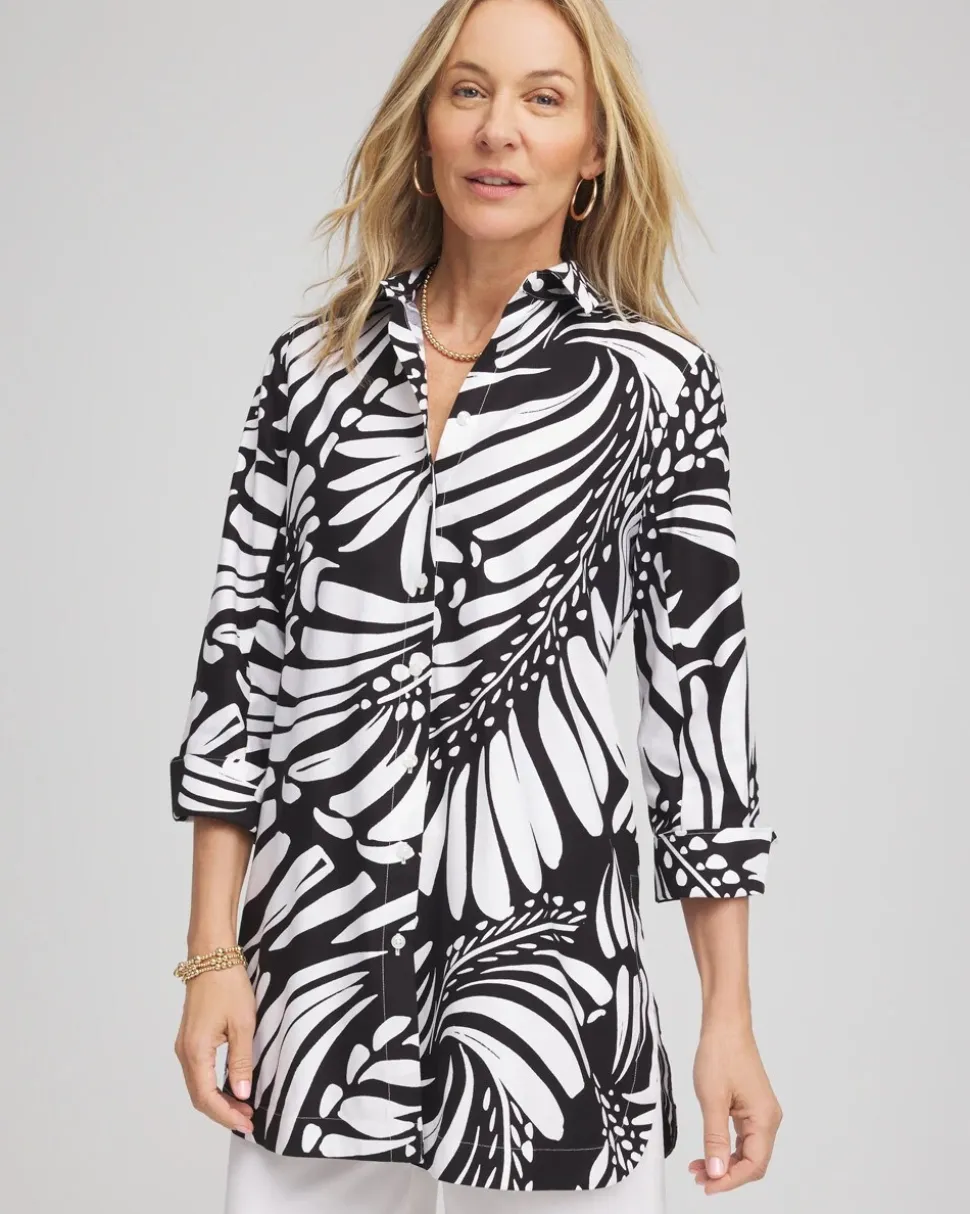 No Iron™ Printed Palms Button Down Tunic