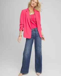 Notched-Lapel Ruched Sleeve Blazer