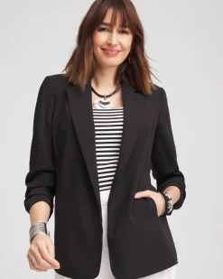 Notched-Lapel Ruched Sleeve Blazer