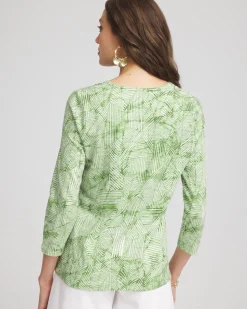 Palm-Frond-Motif Cotton Slub Henley Shirt
