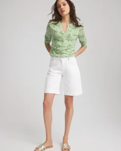 Palm-Frond-Motif Cotton Slub Henley Shirt