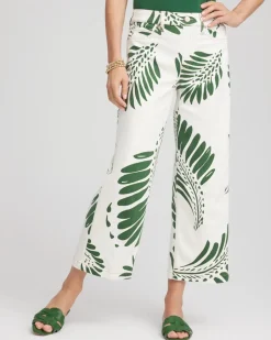 Palm-Frond-Motif Pull-On Wide-Leg Cropped Jeans