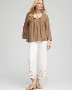 Pintuck Linen Notched-Neck Tee