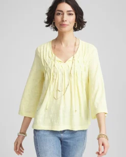 Pintuck Linen Notched-Neck Tee