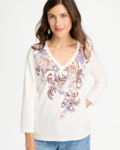 Placed Print Cotton Stretch 3/4 Sleeve Tee