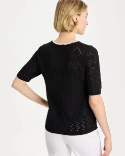 Pointelle Blanket-Stitch Pullover Sweater