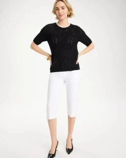 Pointelle Blanket-Stitch Pullover Sweater
