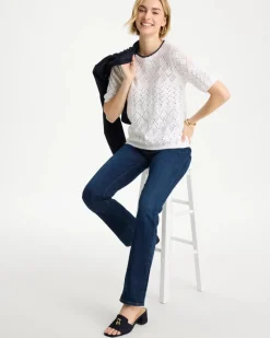 Pointelle Blanket-Stitch Pullover Sweater