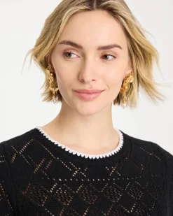 Pointelle Blanket-Stitch Pullover Sweater