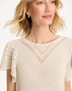 Pointelle Metallic Flutter-Sleeve Pullover