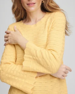 Pointelle Scalloped Hem Flare Sleeve Pullover