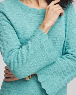 Pointelle Scalloped Hem Flare Sleeve Pullover