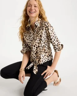 Poplin Cotton Animal Print Tie-Front Top
