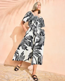 Poplin Cotton Palm Off-Shoulder Dress