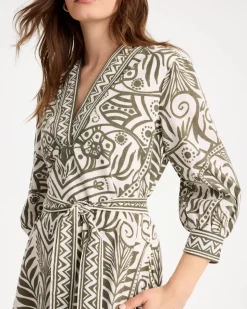 Printed Cotton-Linen Belted Dress