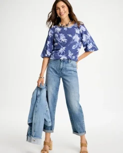 Printed Cotton Slub Poplin Pleat Sleeve Tee