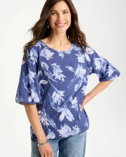 Printed Cotton Slub Poplin Pleat Sleeve Tee
