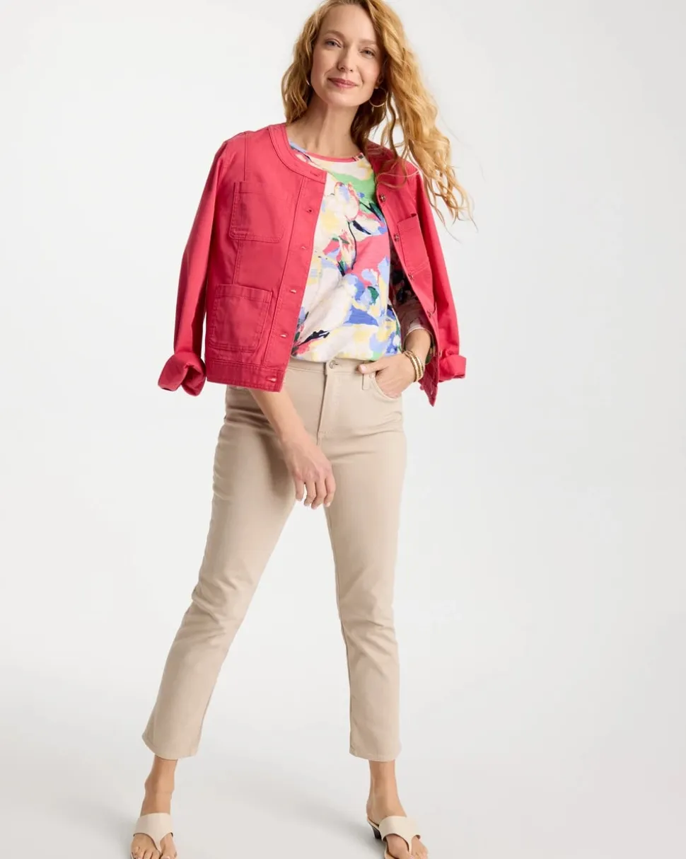 Printed Cotton Slub 3/4 Sleeve Button Tee