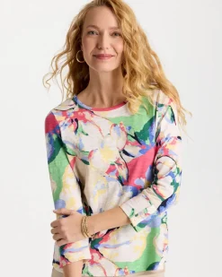 Printed Cotton Slub 3/4 Sleeve Button Tee