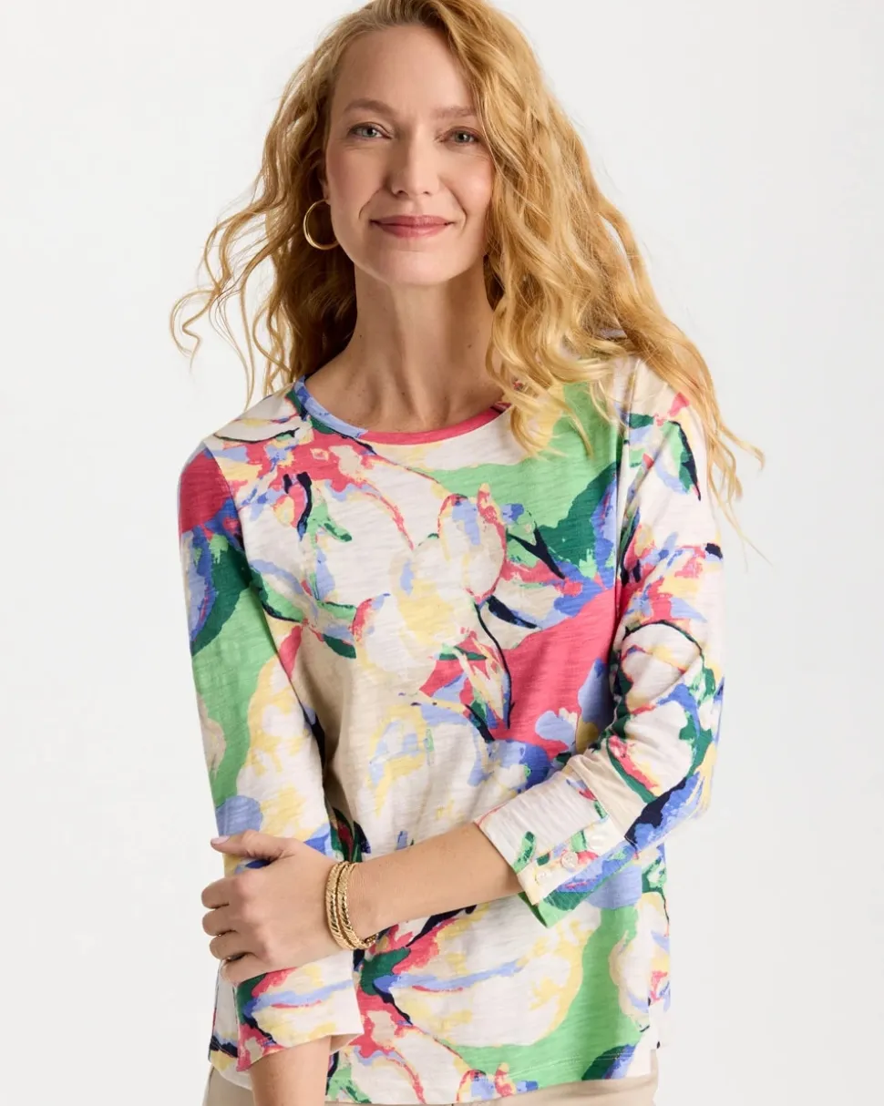 Printed Cotton Slub 3/4 Sleeve Button Tee