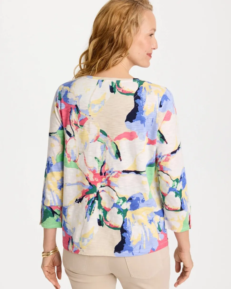Printed Cotton Slub 3/4 Sleeve Button Tee