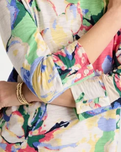Printed Cotton Slub 3/4 Sleeve Button Tee