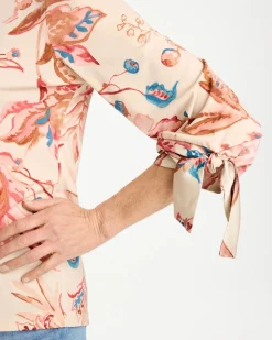 Printed Satin Tie-Sleeve Top