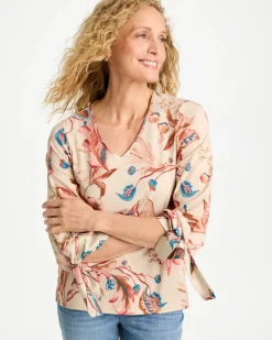Printed Satin Tie-Sleeve Top
