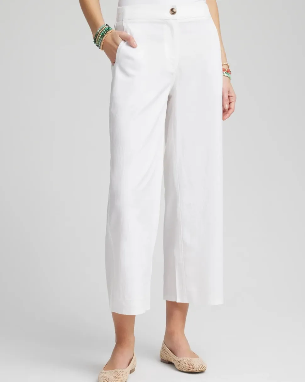 Ribbed Waist Linen Blend Straight-Leg Cropped Pants