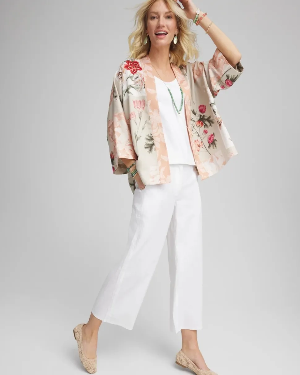 Ribbed Waist Linen Blend Straight-Leg Cropped Pants