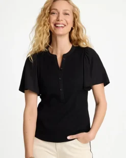 Rib Knit Woven Flutter Sleeve Tee