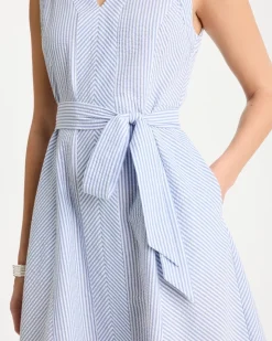 Seersucker V-Neck Sleeveless Dress
