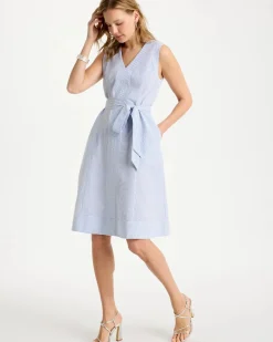 Seersucker V-Neck Sleeveless Dress